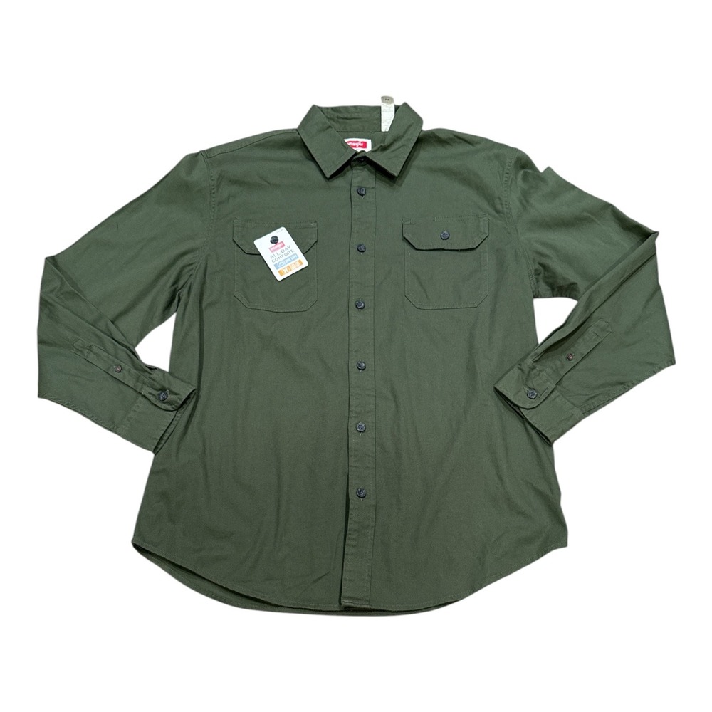 Wrangler Mens Flex Comfort Long Sleeve Button Down Shirt Olive Green Large NWOT